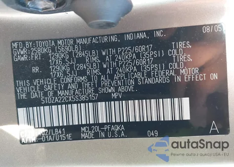 2005 Toyota Sienna Xle Limited из США, поврежденный, VIN 5TDZA22CX5S385157